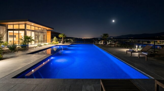 Luxury infinity swimming pool at night, modern villa with glowing blue water, elegant poolside terrace under a full moon and starry sky