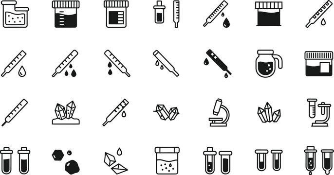 A pattern of laboratory glassware and medical equipment icons such as test tubes, droppers, and microscopes.