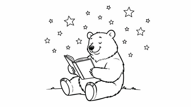 Polar bear reading a book sitting.