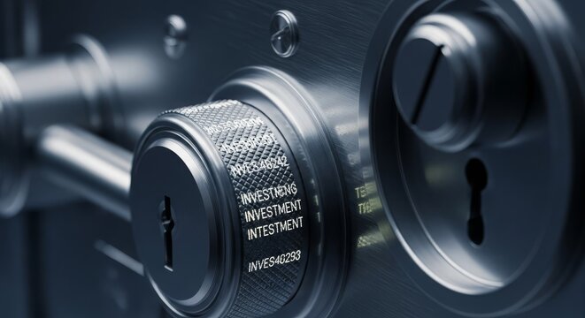 Extreme close-up of a metallic safe dial with 'investment' text and numerical code