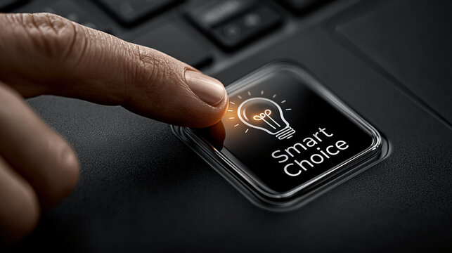 Person pressing Smart Choice button on laptop keyboard with glowing light bulb icon