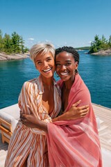 Fototapeta premium Two friends smiling on a dock wrapped in towels at a sunny lake on summer vacation