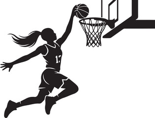 Basketball player performs a powerful slam dunk maneuver while jumping towards the hoop on a court. © Suvankor