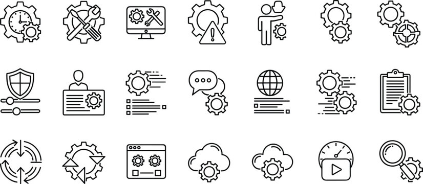  Set of Technology and Business Icons Featuring Gears, Tools, and Digital Elements