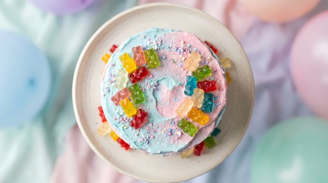 Delightful pastel frosted round cake adorned with colorful gummy candies and sprinkles perfect for celebrations and festive occasions viewed from directly above with pastel balloons blurred in