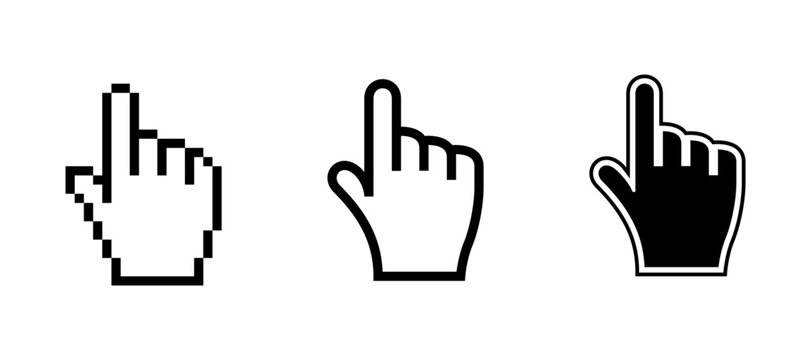 Hand cursors in three distinct styles demonstrate evolution from pixelated graphics to modern UI icons.