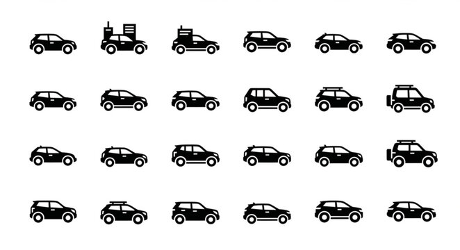 Collection of diverse car icons in black and white.