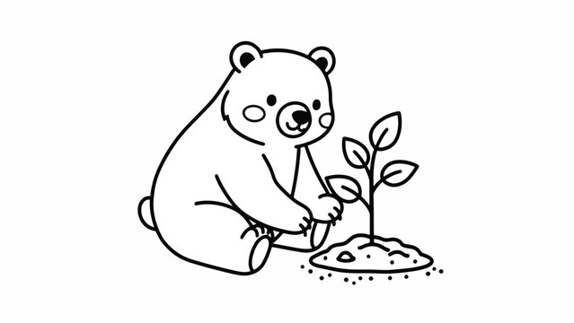 A cute bear planting a tree.