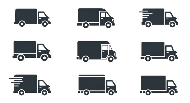 Collection of various delivery truck icons in silhouette.