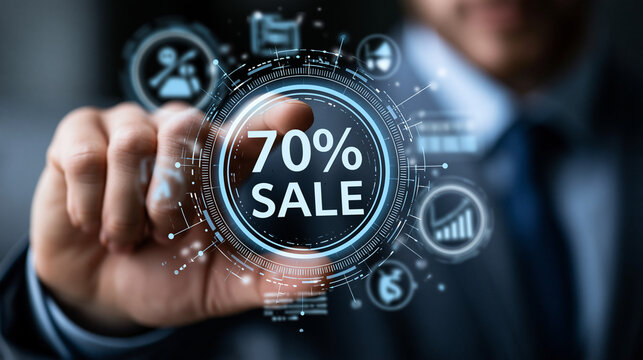 Businessman touching virtual screen with 70 percent sale discount offer