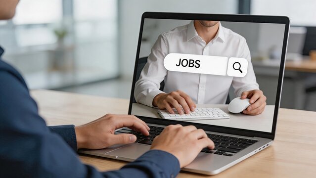 Person searching for jobs on laptop computer, recruitment search bar on screen, human resources hiring process, career opportunity finding, online employment application, remote