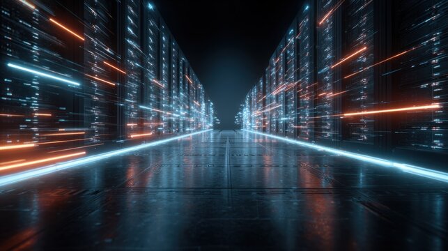 High-tech data center with glowing lines and digital virtual elements in a futuristic environment