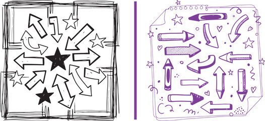 Fototapeta premium Hand-drawn doodle set featuring arrows, stars, and hearts in black and purple ink. Ideal for creative projects, bullet journaling, and educational presentations