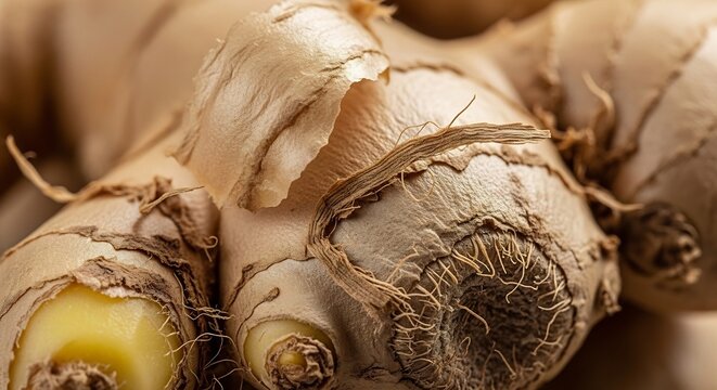 Close-up Macro Shot of Fresh Ginger Root Texture.