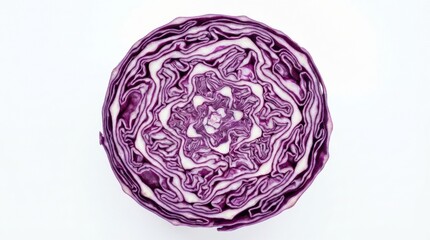 Fototapeta premium Close-up top view of a halved vibrant red cabbage on a white surface.