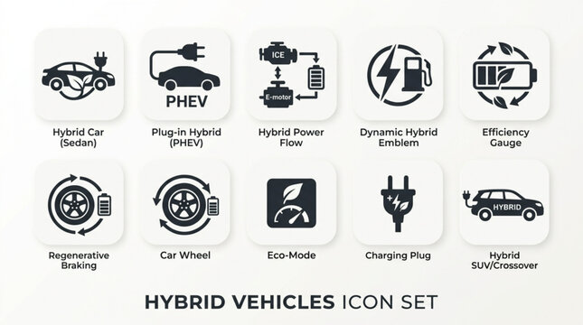 Hybrid Vehicles Icon Set Electric Car Technology Symbols.