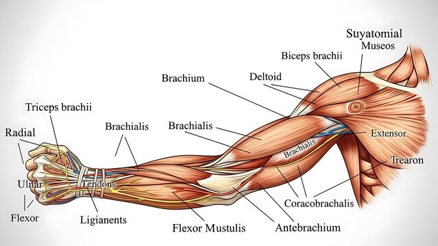 Anatomical Illustration of Human Arm Muscles and Bones.