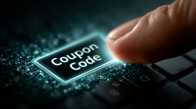 Close up of a finger pressing a glowing digital Coupon Code button on a computer keyboard, online shopping discount and promotional concept