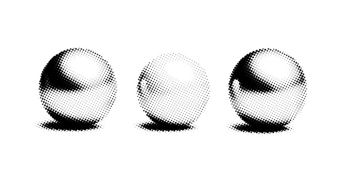 Three spheres displaying halftone shading on white surface. not ideal dots