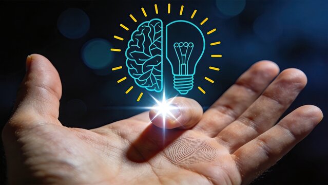Human hand holding hologram of brain and light bulb, illustrating creativity, innovation and bright ideas for problem solving and intellectual inspiration.