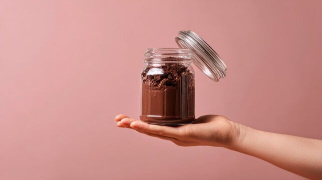 Clean minimalist scene, side female hand presenting a glass jar full of chocolate, jar angled toward the center, no text, studio light, realistic product photo