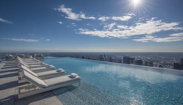 Infinity pool with pristine blue water and surrounding white lounge chairs overlooking a city skyline on a sunny day
