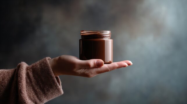 Realistic close-up, female hand from the right offering a glass jar filled with chocolate, no logo, minimalistic backdrop, soft lighting 