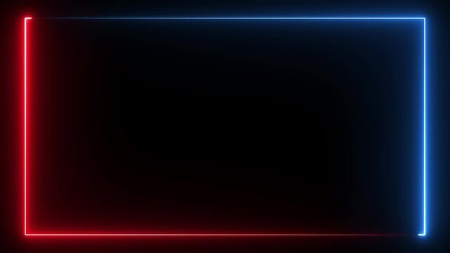 blue laser effect neon glowing frame background. repetitive motion animation and flashing. Bright neon light effect isolated on black. Rectangular frame made of two moving neon lights overlay