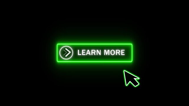Glowing green neon learn more button with cursor on black. Learn more button image photo. Professional learn more button for digital website interaction and online content discovery.