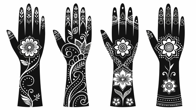 Black and white mehndi designs on four female hands isolated on white background