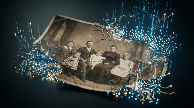 Digital Reconstruction of Vintage Family Portrait with Binary Data Streams for Genealogy and AI Restoration