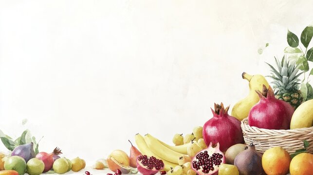 Colorful fruit arrangement on light beige surface, still life, for food blog or social media post