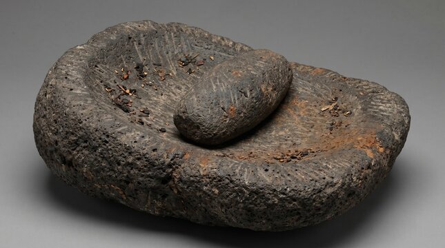 Ancient Stone Mortar and Pestle, Prehistoric Basalt Metate and Mano Grinding Tool