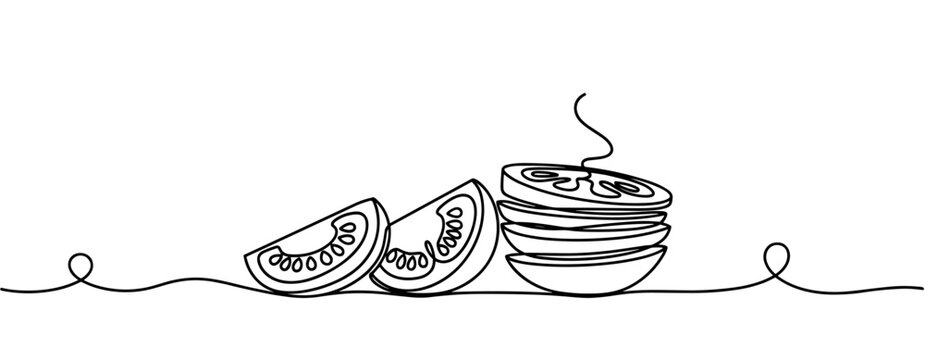 Tomato slices and stacked bowl steaming on continuous line surface. none editable strokes