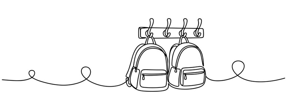 Backpacks hanging on hooks in single line illustration. none editable strokes