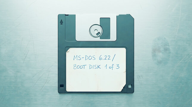 Vintage floppy disk labeled MS-DOS 6.22 boot disk one of three with lock hole