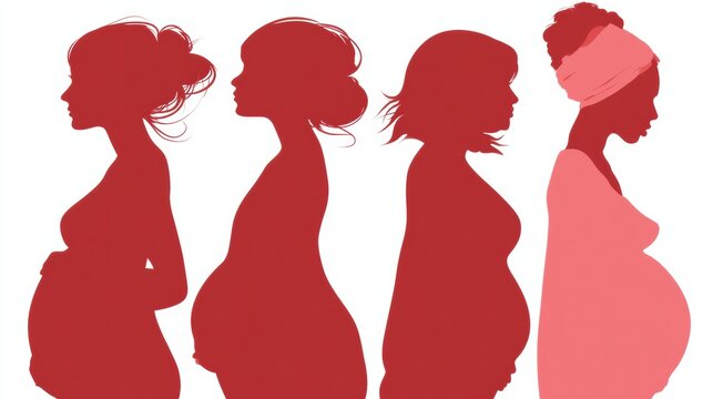 Four pregnant silhouettes in profile display diverse body types and hairstyles in a solid coral color against a white backdrop emphasizing inclusivity