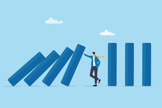 Resilience reliability or trustworthy to prevent, protect from crisis disaster, safety or security to survive risk or problem, stability, strength businessman survival protect domino to collapse.