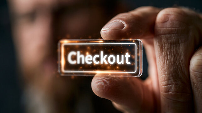 Close up of male hand holding futuristic glowing glass button with Checkout text, e-commerce and online shopping concept