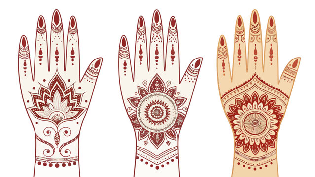 Intricately designed mehndi henna hands with floral patterns isolated on white background