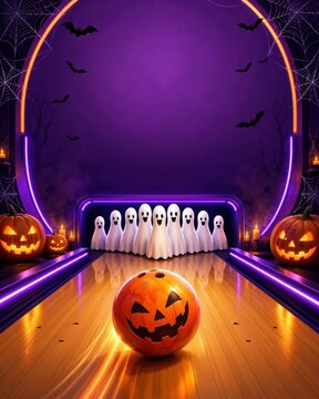 Halloween Bowling Alley Background with Pumpkins and Glowing Pins