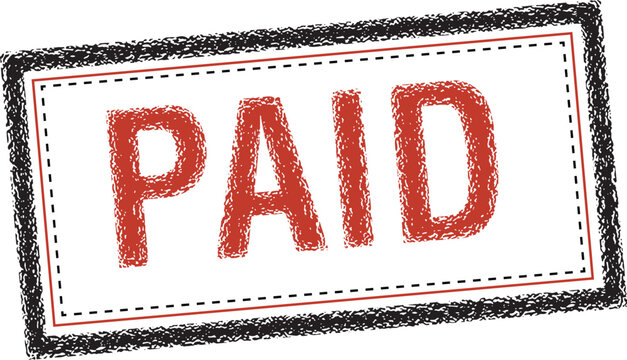 A closeup view of a red paid stamp on a with a black border and dotted lines