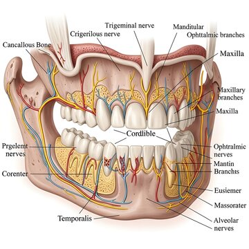 Anatomical illustration of human teeth and jaw structure with nerves and blood vessels.