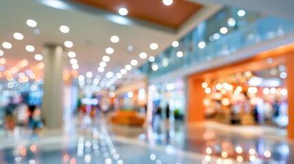 Fototapeta premium A brightly lit, modern shopping mall interior with blurred lights and storefronts creating a vibrant, bustling atmosphere.