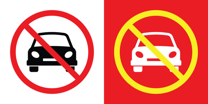 No car entry prohibition sign. Features a black car icon in a red circle on white, and a white car in a yellow circle on red. Ideal for traffic control and restricted area signage.