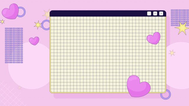 Retro Y2K grid desktop window animated lofi background. Cute 2000s digital UI blank. Kawaii hearts and sparkle empty space. Lo Fi aesthetic 4K video. Flat 2D cartoon nostalgic backdrop animation