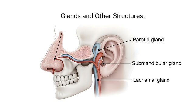Anatomical Illustration of Salivary and Lacrimal Glands in Human Head.