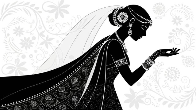 Indian woman in traditional sari and jewelry with henna on her hand