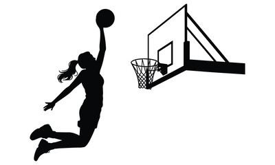 Powerful black silhouette of a determined female athlete jumping high for a slam dunk towards a hoop on white background. © AKANDA