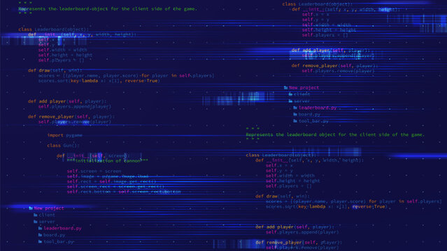 Abstract software programming source code background. Vector illustration with random parts of program code and glitch effect. Web programming source code. Technology Concept.